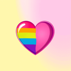 A colorful heart symbol divided into sections showcasing bisexual pride colors (pink, purple, blue) and pansexual pride colors (pink, yellow, blue)...