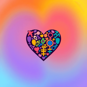 A colorful heart symbol made of various gender symbols on a rainbow gradient background, representing pansexuality and celebrating love, acceptance...