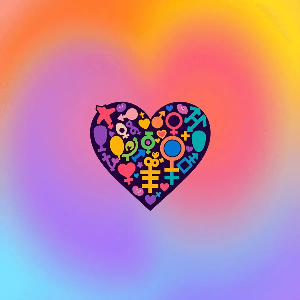 A colorful heart symbol made of various gender symbols on a rainbow gradient background, representing pansexuality and celebrating love, acceptance...