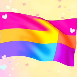 A vibrant digital art depiction of the pansexual flag with magenta, yellow, and cyan stripes, set against a bright background adorned with hearts a...